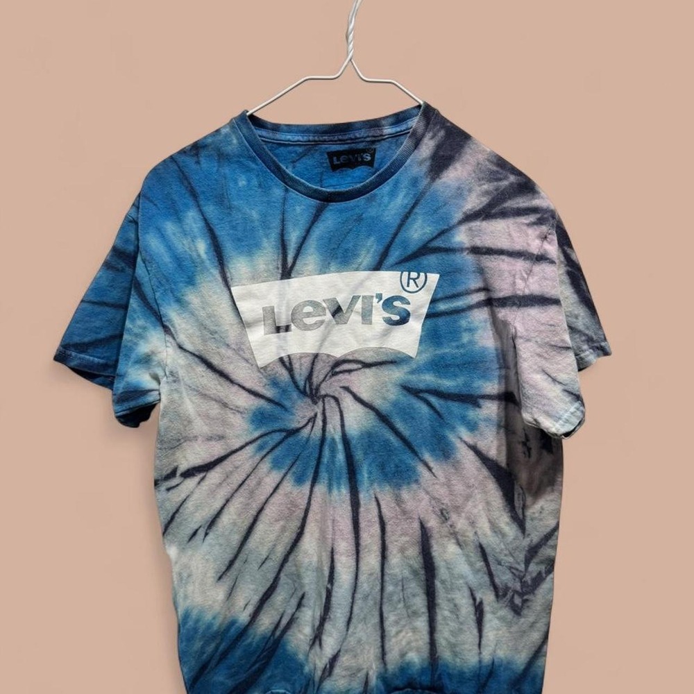 Levis Mens Blue Black Tie Dye Logo Graphic T-Shirt Medium Y2K Streetwear Tee